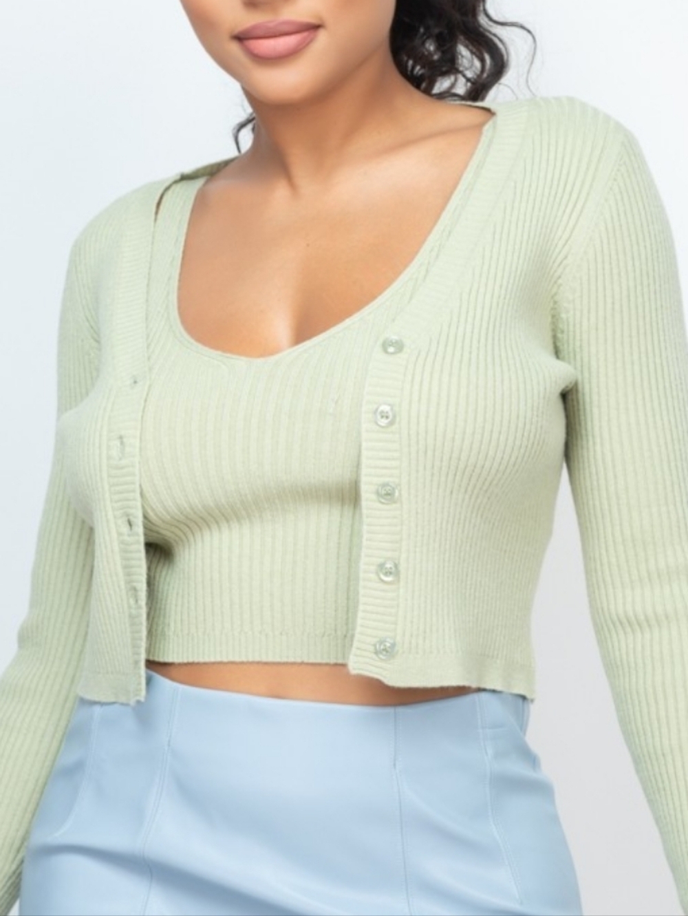 Sage Green Ribbed Knit Tank & Cardigan Set Chic Soft Luxe